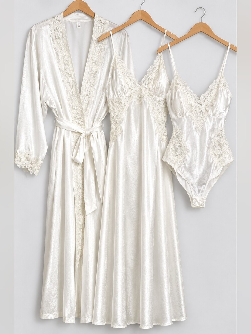 Vintage Victoria's Secret Robe Gown Bodysuit 3pc Set Satin Bridal Sequin Lace ML